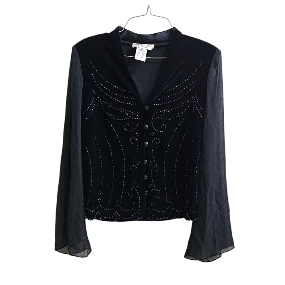 JR Nites Formal Jacket Black Velvet Beaded Sheer Sleeve Size 8